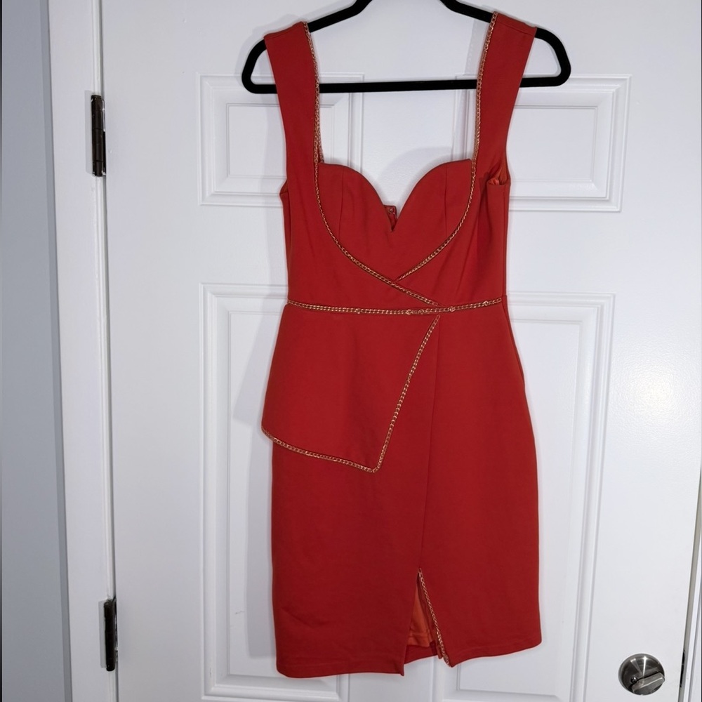 NWT BARIANO COURTNEY CHAIN TRIM SPLIT FRONT PEPLUM blood orange dress size 4 S